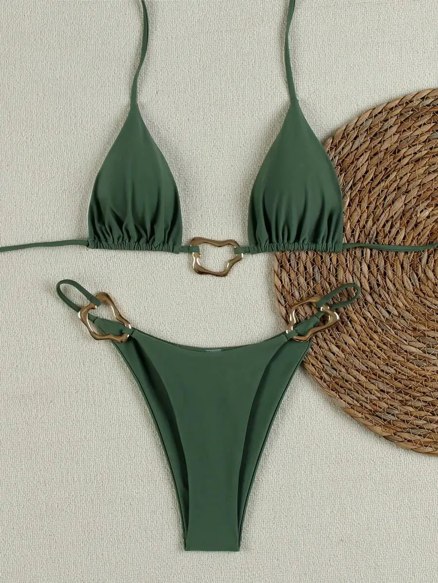 Green Triangle Bikini Set With Metal Ring Detail For Beach Vacation Party
Green Triangle Bikini Set With Metal Ring Detail For Beach Vacation Party