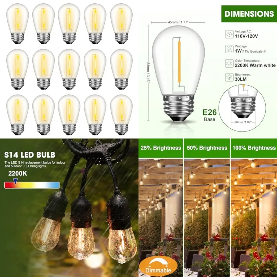 LED S14 Replacement Light Bulbs for Outdoor String Lights, 1W Shatterproof Edison Light Bulbs for Outside Patio Garden, E26 Sta
LED S14 Replacement Light Bulbs for Outdoor String Lights, 1W Shatterproof Edison Light Bulbs for Outside Patio Garden, E26 Sta