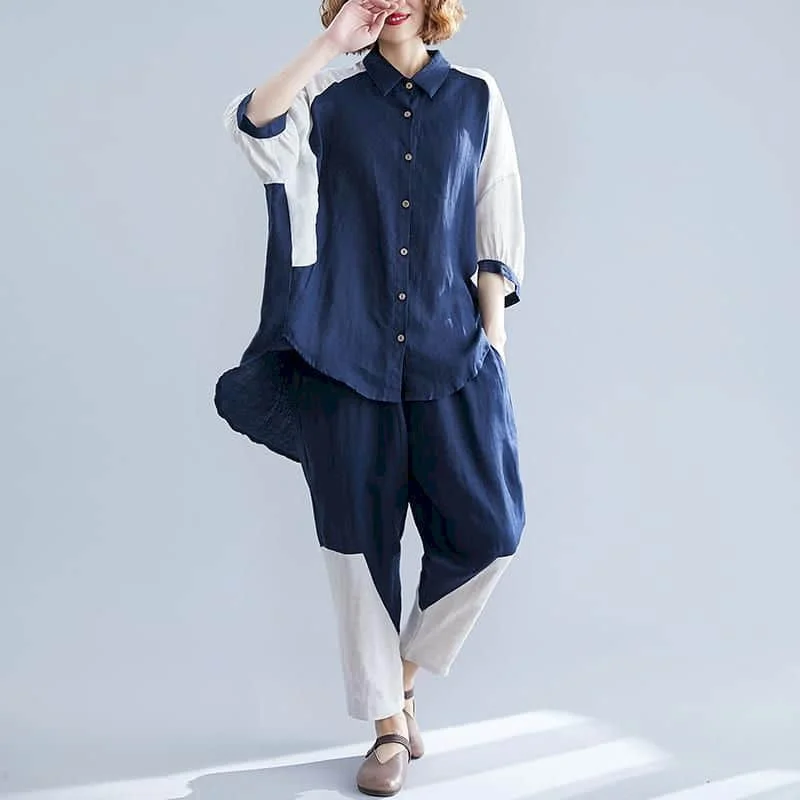 Patchwork Pants Sets Oversized Half Sleeve Shirts and Casual Harem Pants Artistic New in Matching Sets Two Piece Sets for Women
Patchwork Pants Sets Oversized Half Sleeve Shirts and Casual Harem Pants Artistic New in Matching Sets Two Piece Sets for Women