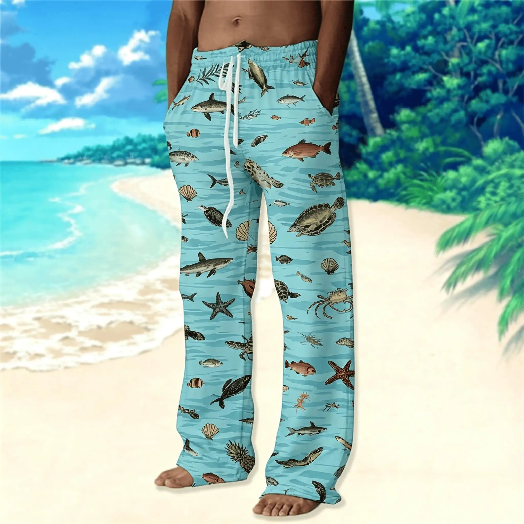 Men's Ocean Marine Life Print Drawstring Wide Leg Pants, Tropical Beach Straight Pants for Spring & Summer
Men's Ocean Marine Life Print Drawstring Wide Leg Pants, Tropical Beach Straight Pants for Spring & Summer