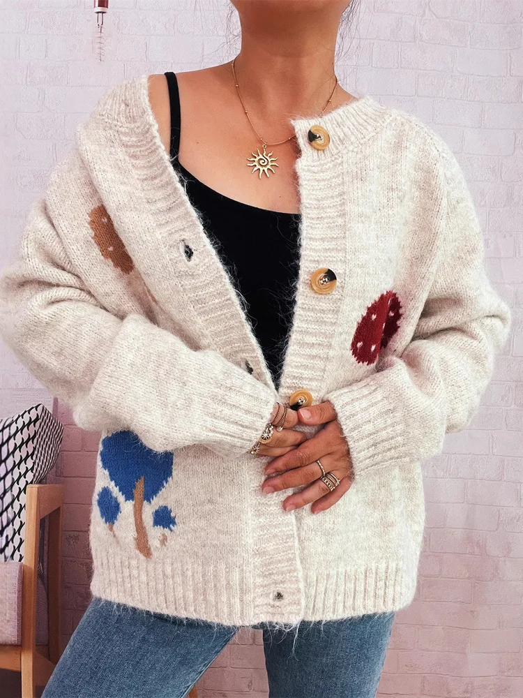 Women's Autumn Winter Mushroom Jacquard Knitted Fashion Cardigan 2025 Female Looss Casual Sweater Jackets 
Women's Autumn Winter Mushroom Jacquard Knitted Fashion Cardigan 2025 Female Looss Casual Sweater Jackets