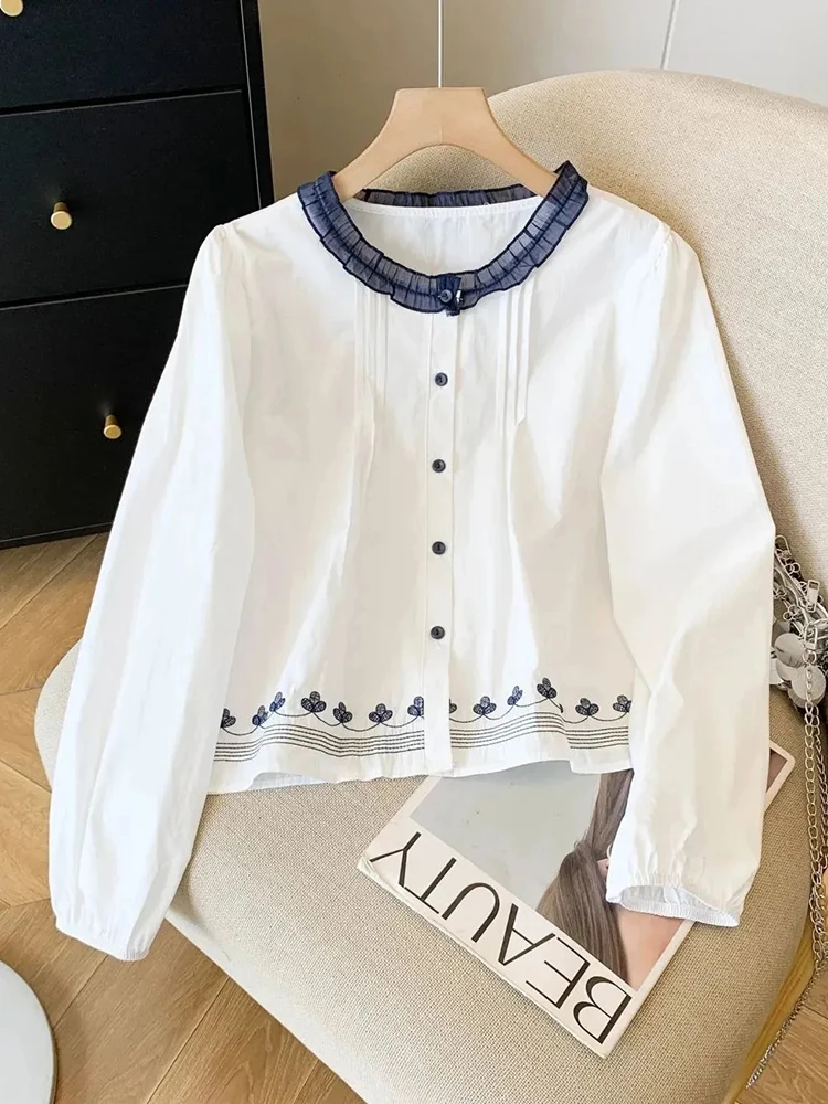 Chic O Neck Sweet Shirt Women Floral Embroidery Long Sleeve Cute Blouse Spring Summer Fashion Female Ruffles Elegant White Tops
Chic O Neck Sweet Shirt Women Floral Embroidery Long Sleeve Cute Blouse Spring Summer Fashion Female Ruffles Elegant White Tops