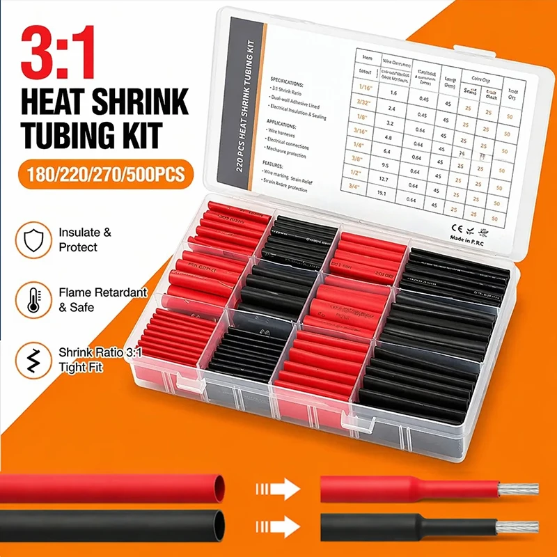 180/220/270/500PCS 3:1 Adhesive Heat Shrink Tubing Kit Polyolefin Wire Cable Sleeve Waterproof Insulation Assorted Pre Cut Tubes
180/220/270/500PCS 3:1 Adhesive Heat Shrink Tubing Kit Polyolefin Wire Cable Sleeve Waterproof Insulation Assorted Pre Cut Tubes