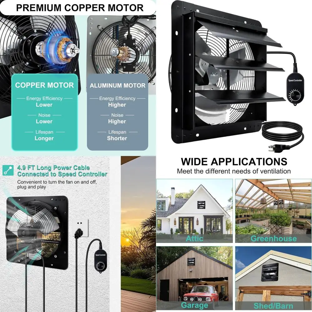 14 Inch Wall Mount Attic Fan for Greenhouse, Shed, Garage, Barn, and Chicken Coop Ventilation with Speed Control and Power Cord,
14 Inch Wall Mount Attic Fan for Greenhouse, Shed, Garage, Barn, and Chicken Coop Ventilation with Speed Control and Power Cord,