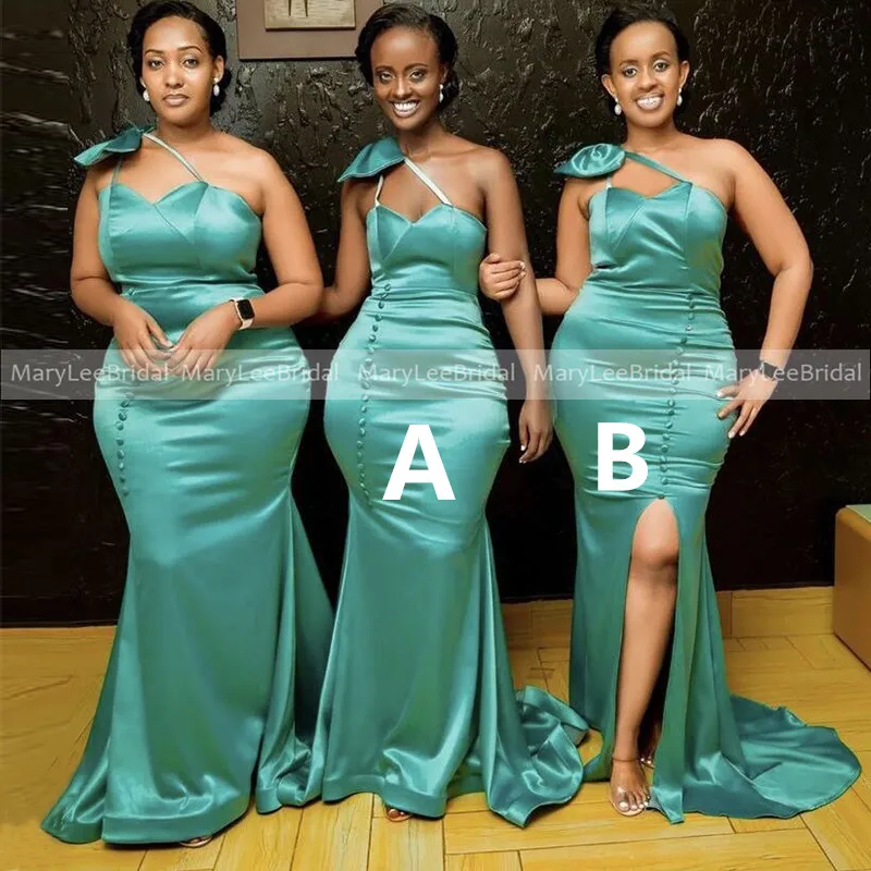 Jade Green Satin Mermaid Bridesmaid Dresses With Buttons Plus Size One Shoulder Bow Spaghetti Strap Women Maid Of Honor Dress
Jade Green Satin Mermaid Bridesmaid Dresses With Buttons Plus Size One Shoulder Bow Spaghetti Strap Women Maid Of Honor Dress