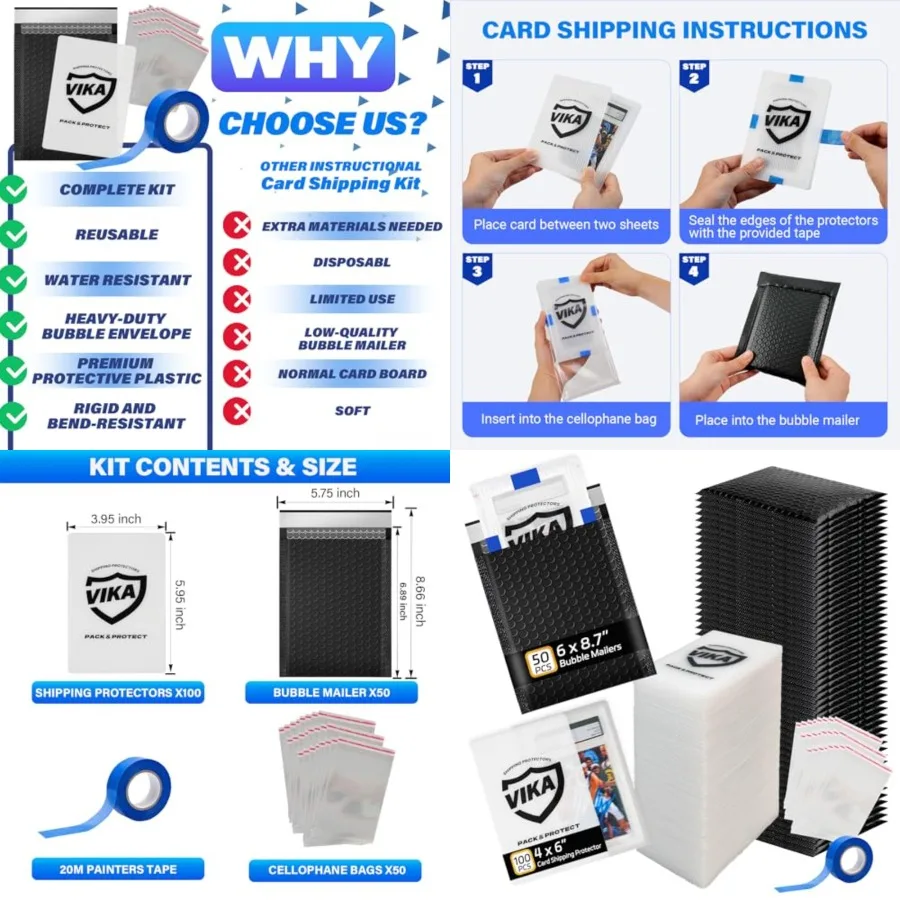 Trading Card Shipping Kit - 100 Pcs 4''x6'' Trading Card Shipping Protectors, 50 Pcs 6''x8.7'' Envelope Bubble Mailers, 20M Pai
Trading Card Shipping Kit - 100 Pcs 4''x6'' Trading Card Shipping Protectors, 50 Pcs 6''x8.7'' Envelope Bubble Mailers, 20M Pai