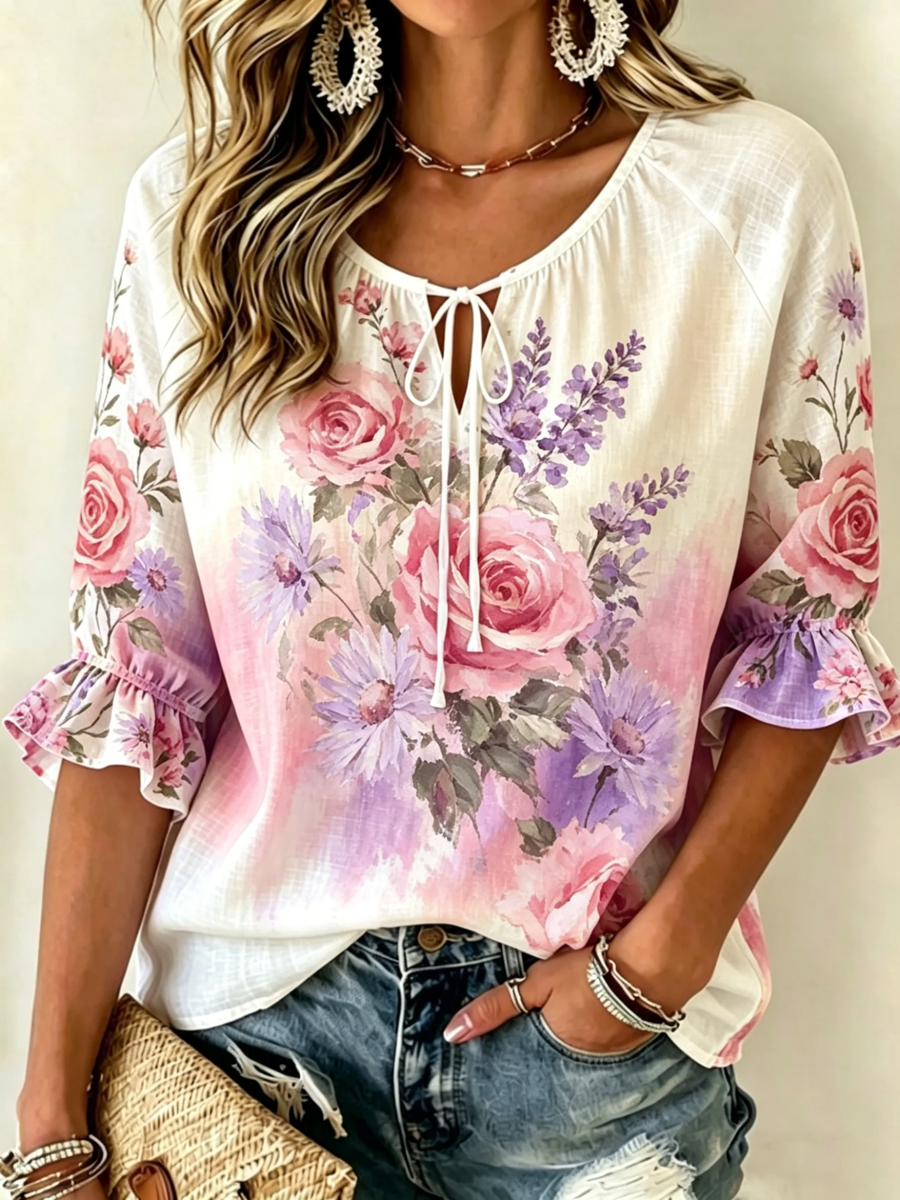 Women's Watercolor Floral Print Tie Front Blouse, Casual Loose Top for Spring Summer Daily Wear
Women's Watercolor Floral Print Tie Front Blouse, Casual Loose Top for Spring Summer Daily Wear