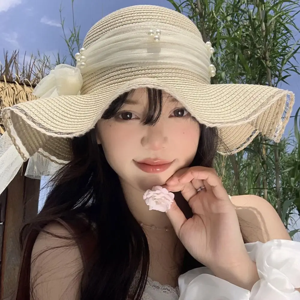 Elegant Spring Summer Bow Ribbon Straw Hat Big Brim Foldable Lace Pearls Straw Hat Beach French Style Women's Sun Hat Girls
Elegant Spring Summer Bow Ribbon Straw Hat Big Brim Foldable Lace Pearls Straw Hat Beach French Style Women's Sun Hat Girls