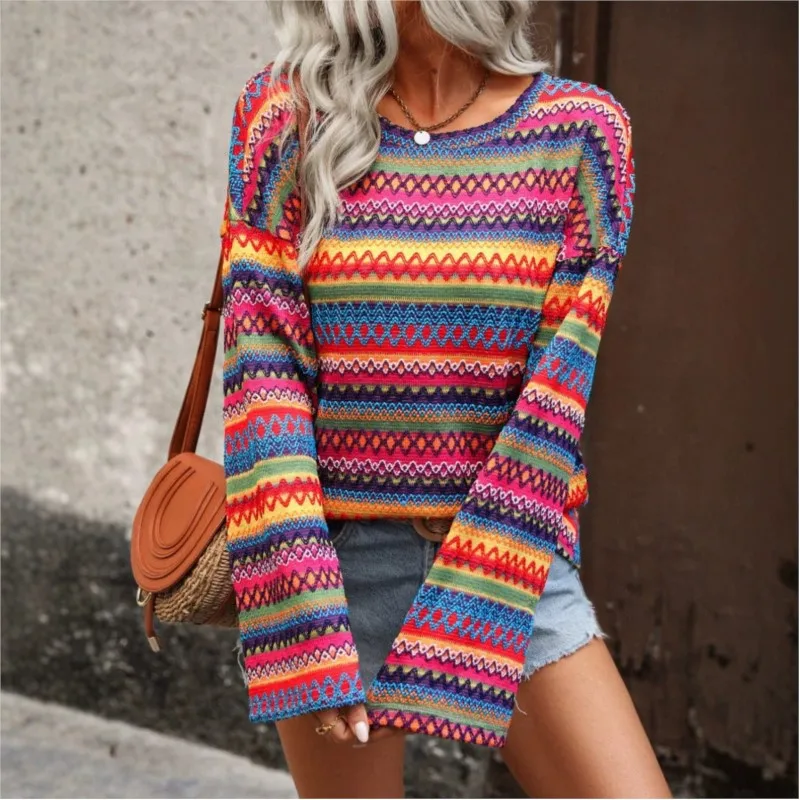 Women's Boho Rainbow Striped Crochet Knit Jumper Crew Neck Long Sleeve Hollow Out Pullover for Fall Daily Casual Wear
Women's Boho Rainbow Striped Crochet Knit Jumper Crew Neck Long Sleeve Hollow Out Pullover for Fall Daily Casual Wear