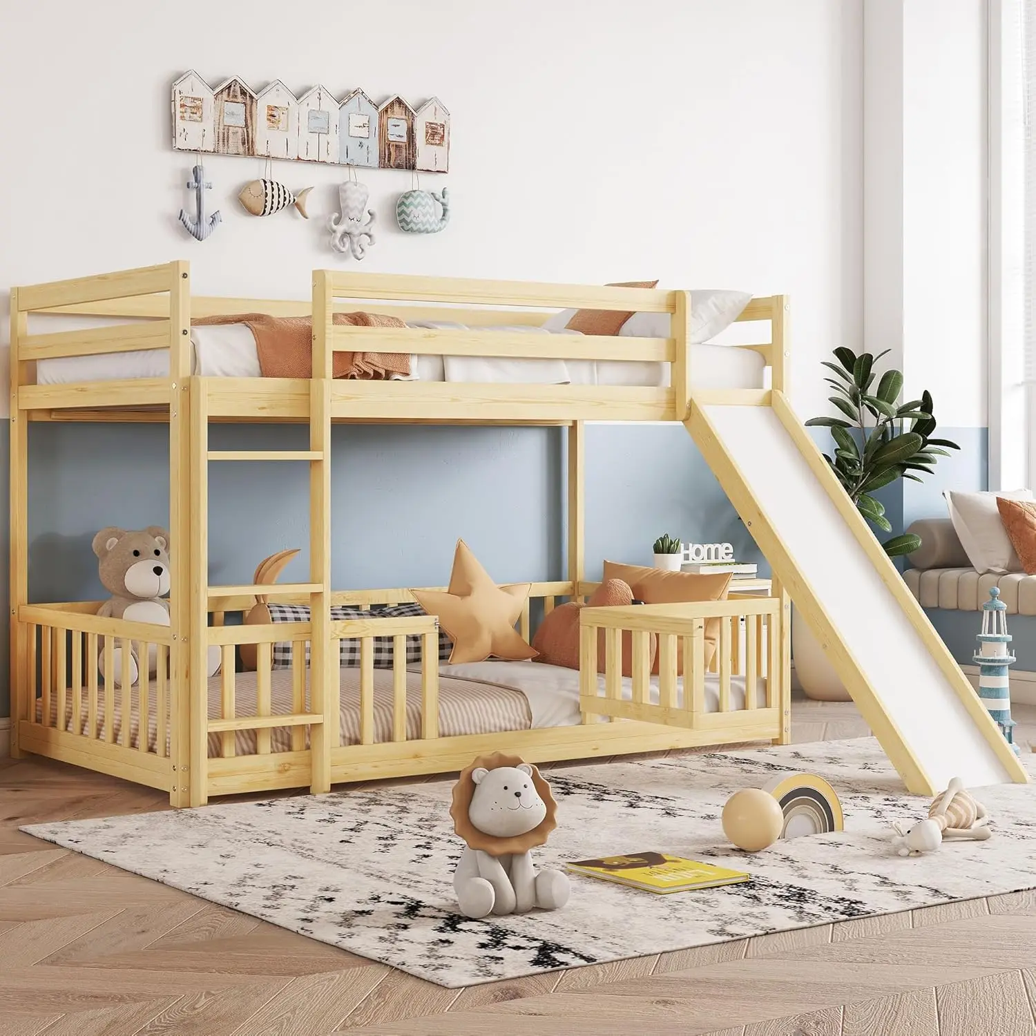 Twin Over Twin Low Bunk Beds with Slide, Low Bunk Bed Frame with Detachable Rails, Convertible Wood Bunk Bed ,Natural
Twin Over Twin Low Bunk Beds with Slide, Low Bunk Bed Frame with Detachable Rails, Convertible Wood Bunk Bed ,Natural