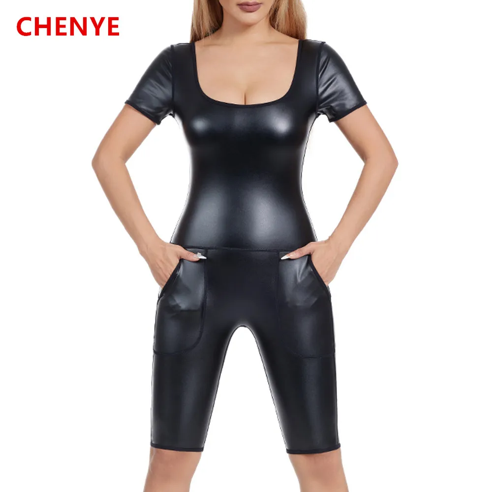 Faux Leather Shapewear Short Romper Jumpsuit Leotard Short Sleeves Tops Women Body Shaper Shirt BlouseLady Bodysuit with Pockets
Faux Leather Shapewear Short Romper Jumpsuit Leotard Short Sleeves Tops Women Body Shaper Shirt BlouseLady Bodysuit with Pockets