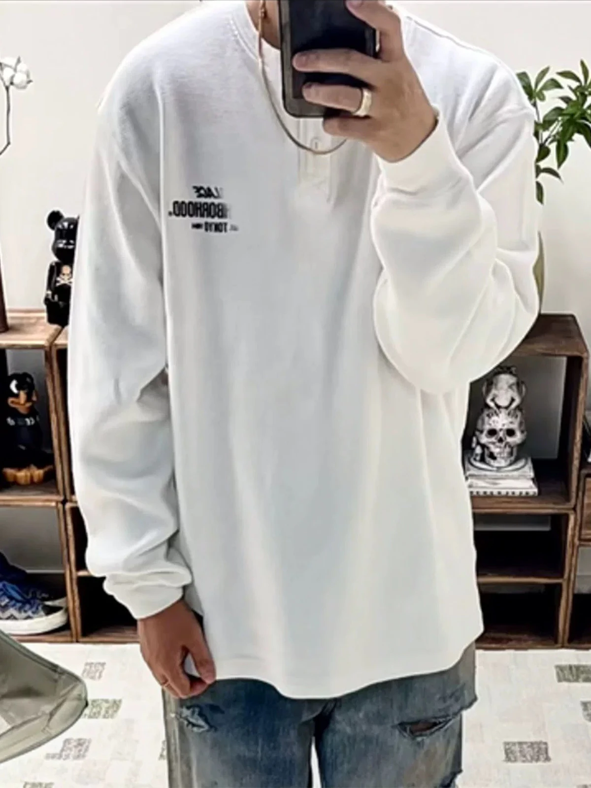 Свободная футболка с длинным рукавом, коллаборация Neighborhood, плотная ткань, повседневная одежда, воротник хенли, теплый хлопковый топ
Свободная футболка с длинным рукавом, коллаборация Neighborhood, плотная ткань, повседневная одежда, воротник хенли, теплый хлопковый топ