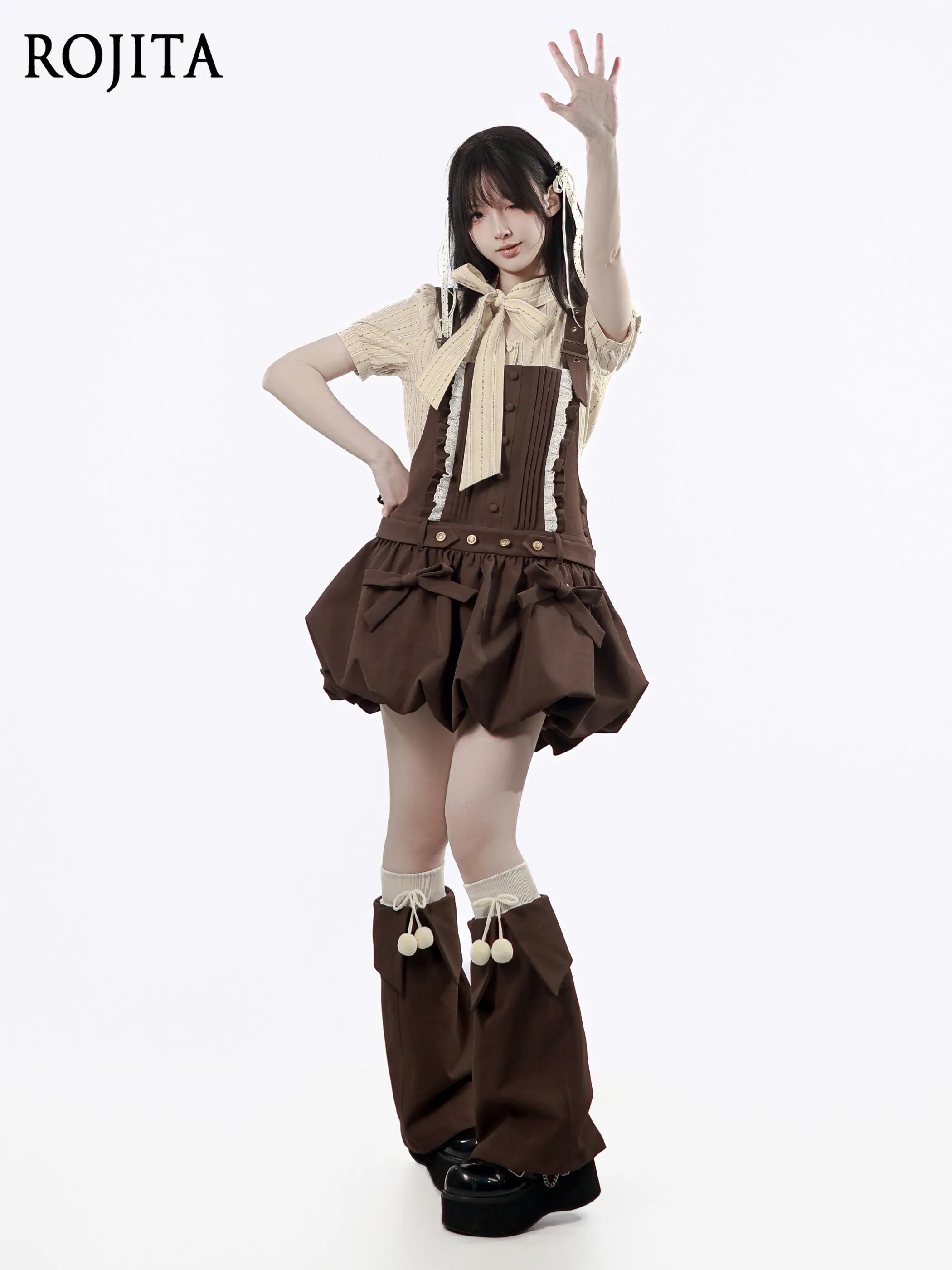 Lace-up Short Sleeve Shirt Bud Strap Skirt Puff-sleeve Striped Blouse Ruffled Puffball Suspender Skirt and Pom-pom Leg Warmers
Lace-up Short Sleeve Shirt Bud Strap Skirt Puff-sleeve Striped Blouse Ruffled Puffball Suspender Skirt and Pom-pom Leg Warmers