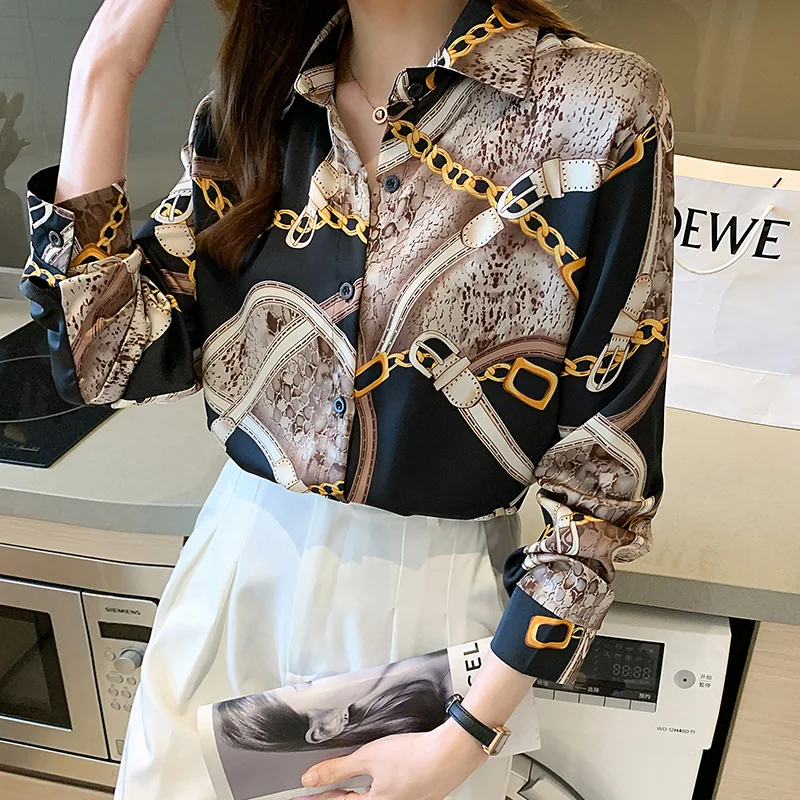 Women Thin Simplicity Loose Appear Thin Printing All-match Polo-Neck Long Sleeve Satin Blouse Ladies Casual Office Lady Tops
Women Thin Simplicity Loose Appear Thin Printing All-match Polo-Neck Long Sleeve Satin Blouse Ladies Casual Office Lady Tops