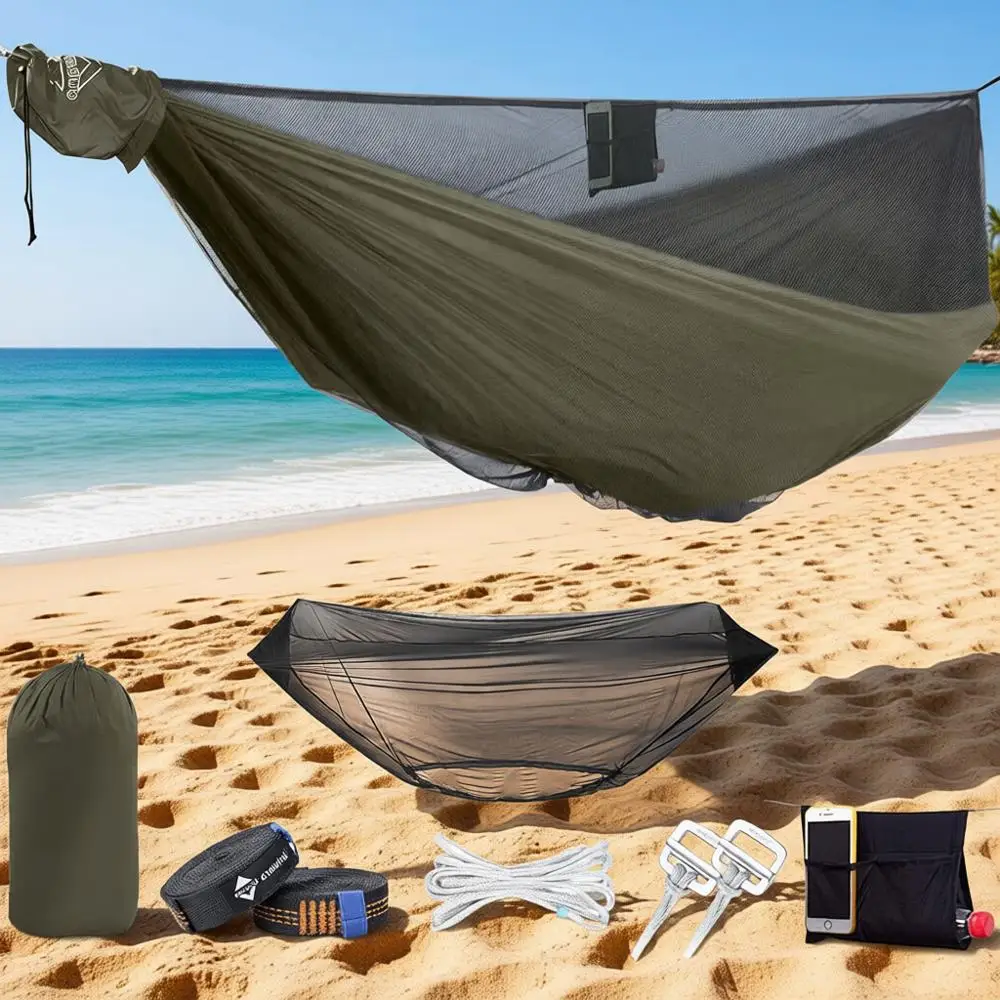 Portable Double Camping Hammock with Mosquito Net, Lightweight Ripstop Nylon, 2 Tree Straps, OD Green
Portable Double Camping Hammock with Mosquito Net, Lightweight Ripstop Nylon, 2 Tree Straps, OD Green
