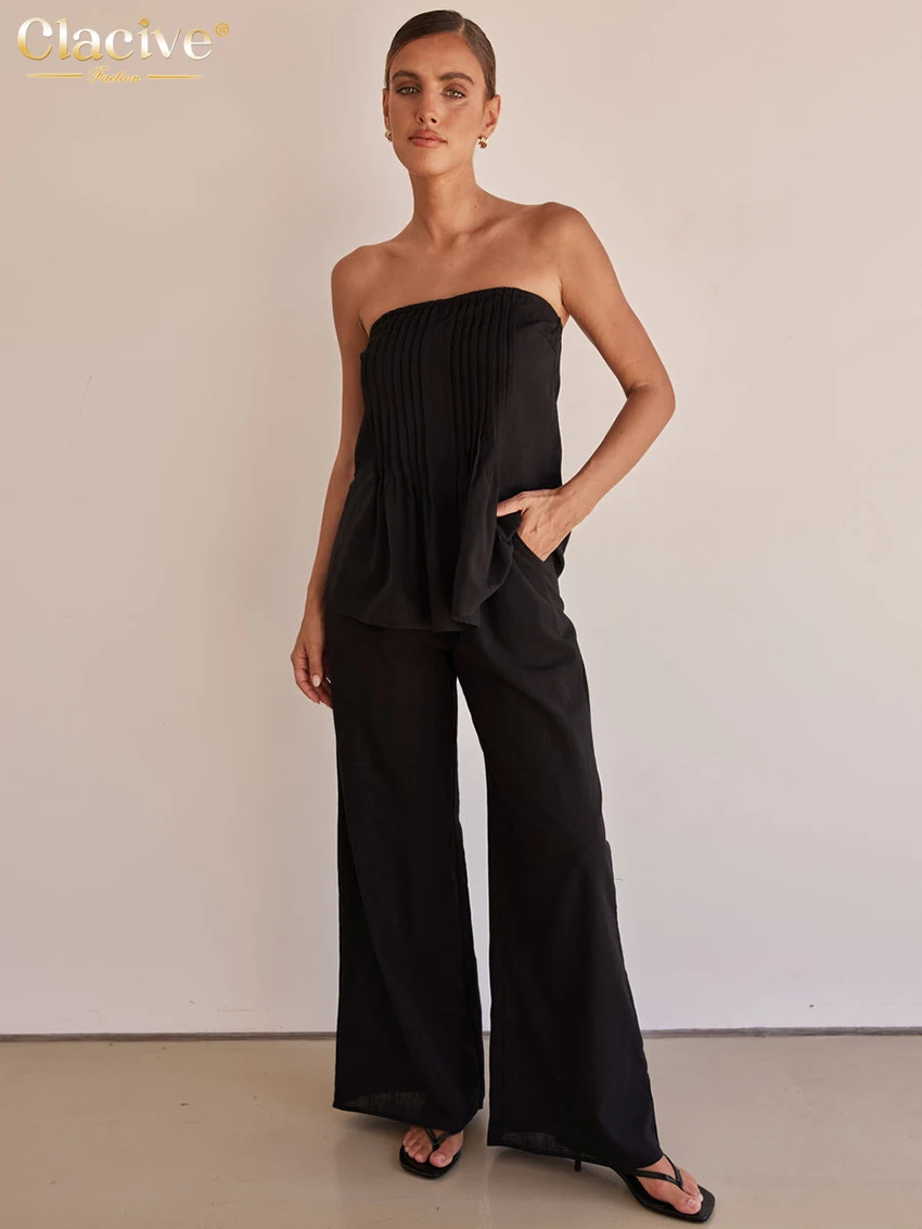 Clacive Summer Loose Black Cotton Women Two Pieces Set 2025 Fashion Strapless Tank Top With High Waist Wide Pants Set Streetwear
Clacive Summer Loose Black Cotton Women Two Pieces Set 2025 Fashion Strapless Tank Top With High Waist Wide Pants Set Streetwear