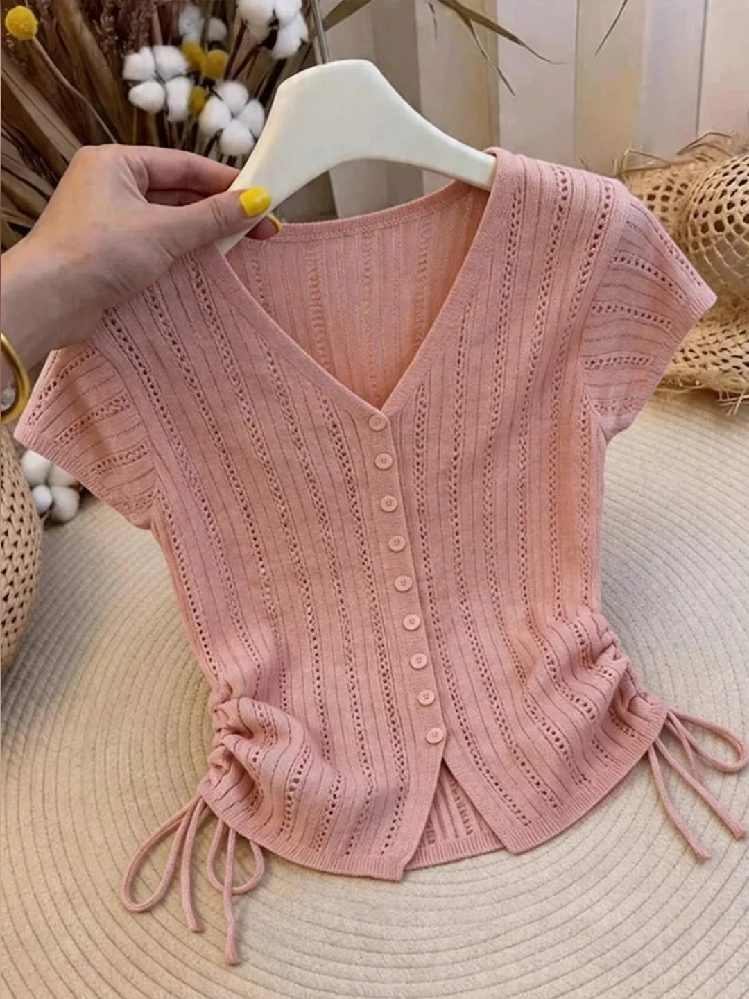Korean Style Fashion Design V-Neck Hollow Knitted Top Summer Elegant Drawstring Waist Short Sleeve Women's Silk Shirt
Korean Style Fashion Design V-Neck Hollow Knitted Top Summer Elegant Drawstring Waist Short Sleeve Women's Silk Shirt