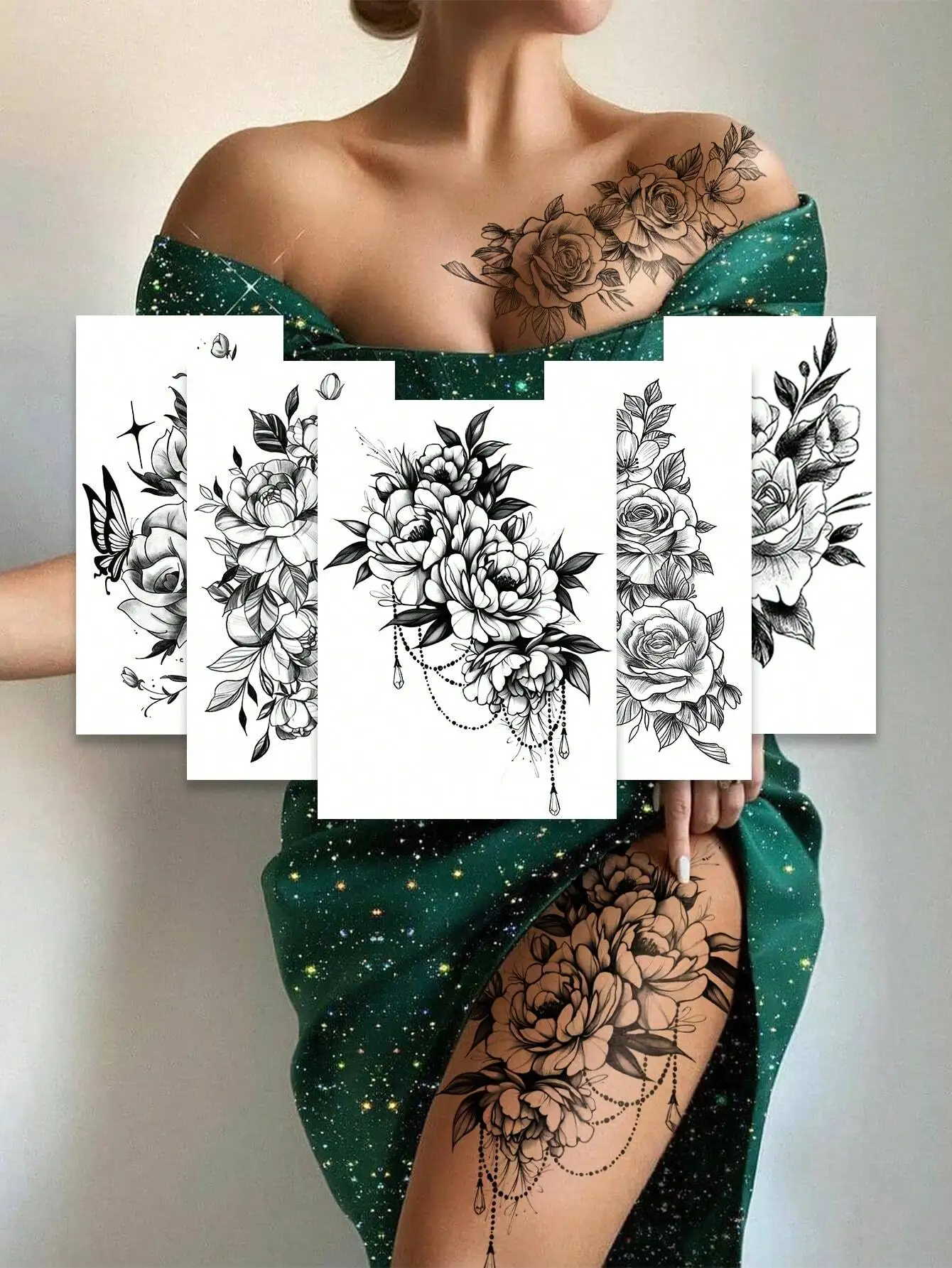5Pcs Black Sketch Flower Chain Temporary Tattoos, Waterproof Sweatproof Scratch Resistant Body Art Stickers For Women, Easy Use Fake Tattoos For Abdomen Collarbone Back, Valentine's Day Party Daily Decor
5Pcs Black Sketch Flower Chain Temporary Tattoos, Waterproof Sweatproof Scratch Resistant Body Art Stickers For Women, Easy Use Fake Tattoos For Abdomen Collarbone Back, Valentine's Day Party Daily Decor