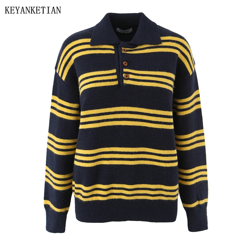 KEYANKETIAN 2026 Spring New Women's Color Matching Striped Sweater Pullover Retro style polo collar Long Sleeve Loose Knit Top
KEYANKETIAN 2026 Spring New Women's Color Matching Striped Sweater Pullover Retro style polo collar Long Sleeve Loose Knit Top