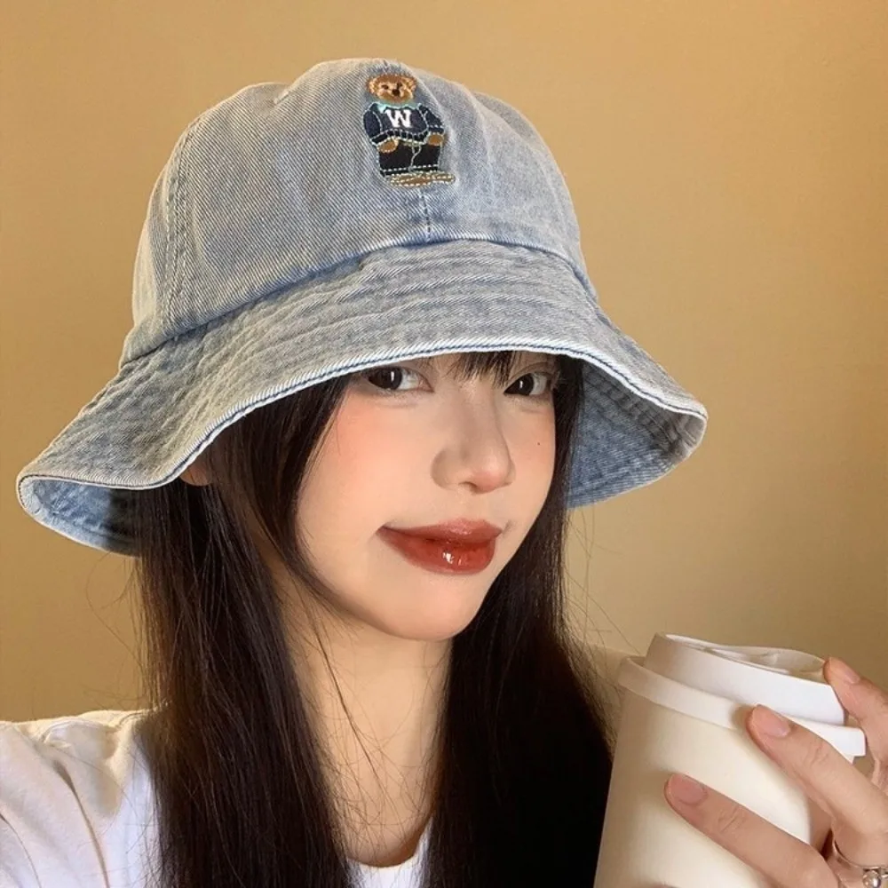 Vintage Korean Denim Bucket Cap Versatile Y2k Denim Fishing Cap Bear Embroidered Sweet Sun Protection Hat Female 
Vintage Korean Denim Bucket Cap Versatile Y2k Denim Fishing Cap Bear Embroidered Sweet Sun Protection Hat Female