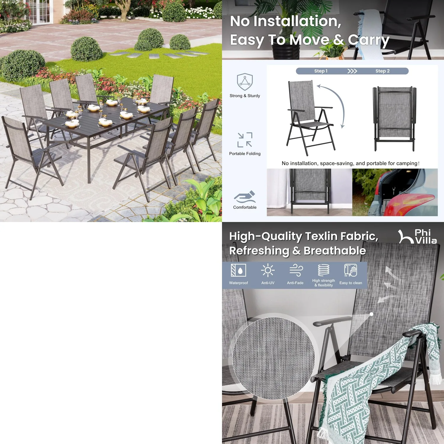 9 Piece Patio Dining Set Adjustable Folding Chairs Large Table for Yard Garden Deck, Customized
9 Piece Patio Dining Set Adjustable Folding Chairs Large Table for Yard Garden Deck, Customized