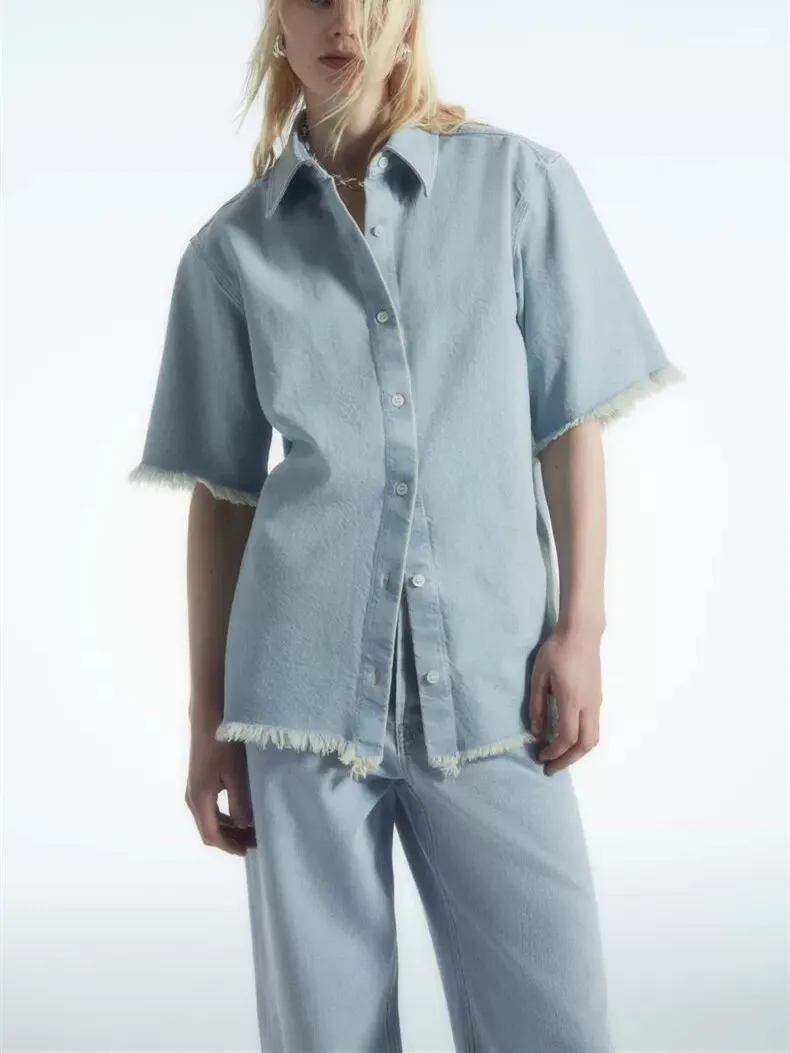 Light Blue Women Tassel Trim Denim Shirt Single Breasted Short-Sleeved Turn-Down Collar Ladies Blouse Top Summer 2024
Light Blue Women Tassel Trim Denim Shirt Single Breasted Short-Sleeved Turn-Down Collar Ladies Blouse Top Summer 2024