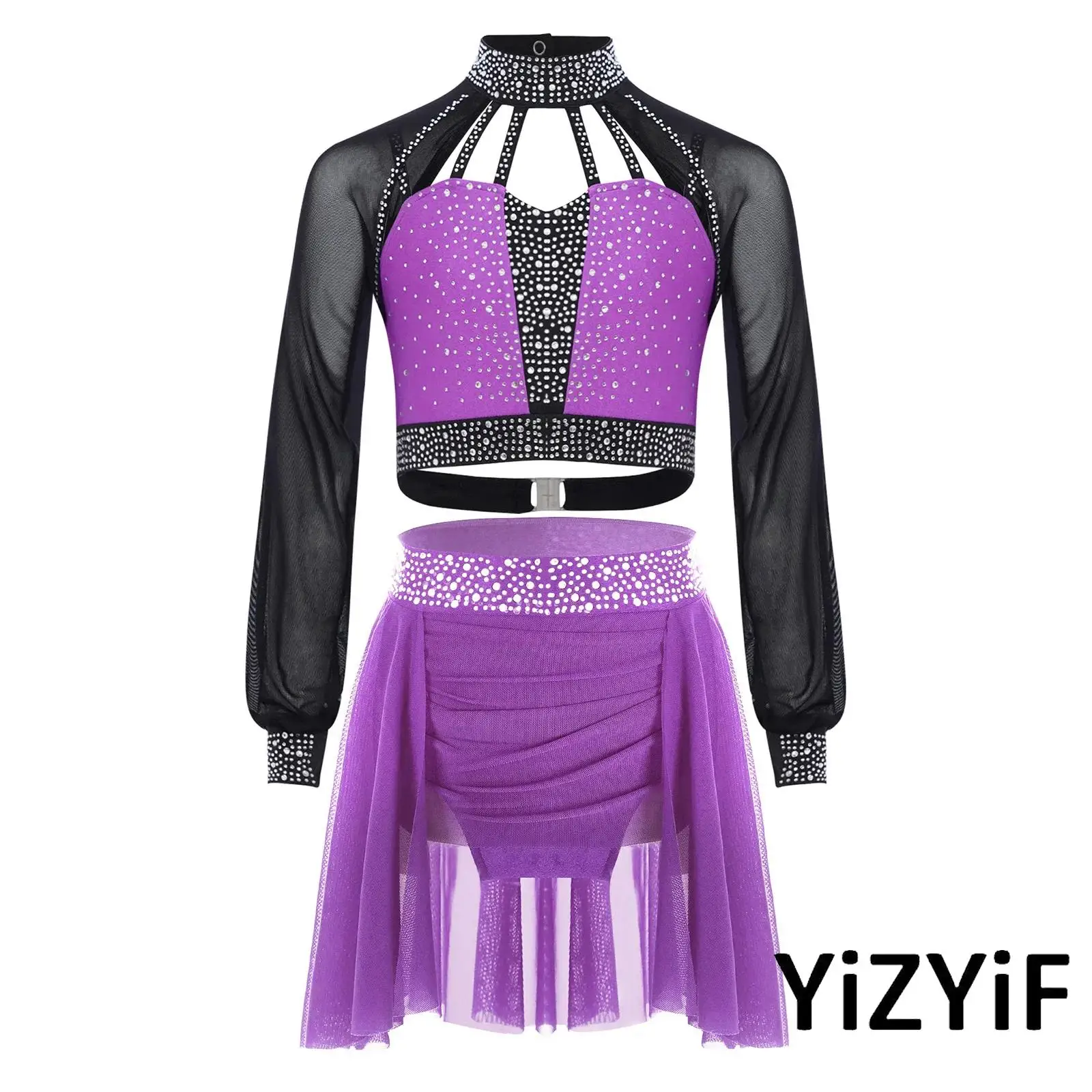 Kids Girls Figure Skating Dance Outfit Set Long Sleeves Strappy Shiny Rhinestones Belly Jazz Crop Top with Mesh Ruched Skirt
Kids Girls Figure Skating Dance Outfit Set Long Sleeves Strappy Shiny Rhinestones Belly Jazz Crop Top with Mesh Ruched Skirt