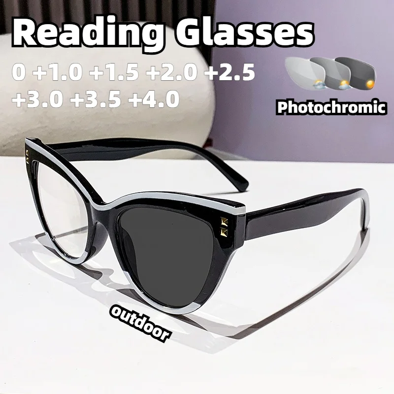 Vintage Two-Tone Rivet Cat Eye Photochromic Presbyopia Glasses Anti Blue Light Dual Use Indoor Outdoor Reading Eyeglasses 0~+4.0
Vintage Two-Tone Rivet Cat Eye Photochromic Presbyopia Glasses Anti Blue Light Dual Use Indoor Outdoor Reading Eyeglasses 0~+4.0