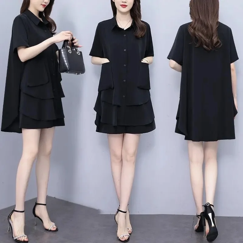 Large Size Loose Casual Shirt And Short Pants Two-piece Set Fashiona Black Women Outfit Korea Female Cardigan Blouse Suits 5XL
Large Size Loose Casual Shirt And Short Pants Two-piece Set Fashiona Black Women Outfit Korea Female Cardigan Blouse Suits 5XL