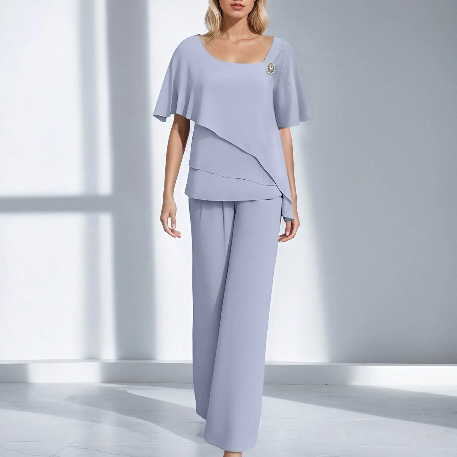 2025 Summer Elegant Chiffon Set Women's New Arrival Solid Color O-neck Irregular Top High Waist Wide Leg Pants Two Piece Set
2025 Summer Elegant Chiffon Set Women's New Arrival Solid Color O-neck Irregular Top High Waist Wide Leg Pants Two Piece Set