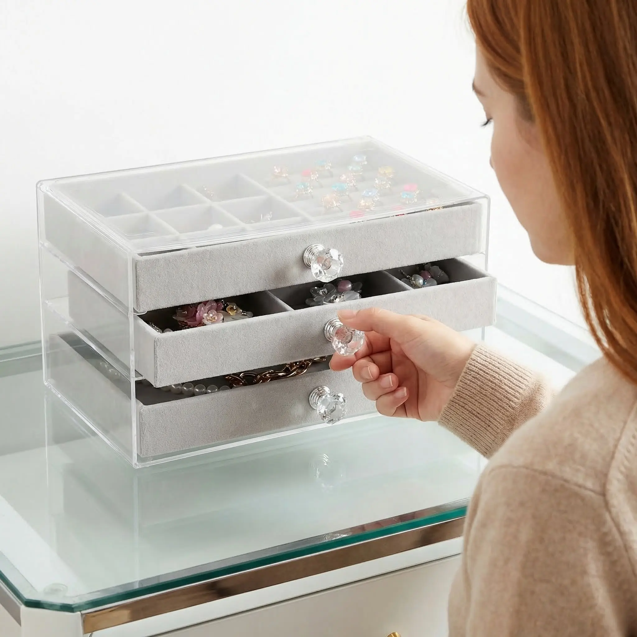 Clear 3 Layer Acrylic Jewelry Organizer Multi Compartment Stackable Box for Rings Earrings Necklaces Vanity Storage
Clear 3 Layer Acrylic Jewelry Organizer Multi Compartment Stackable Box for Rings Earrings Necklaces Vanity Storage
