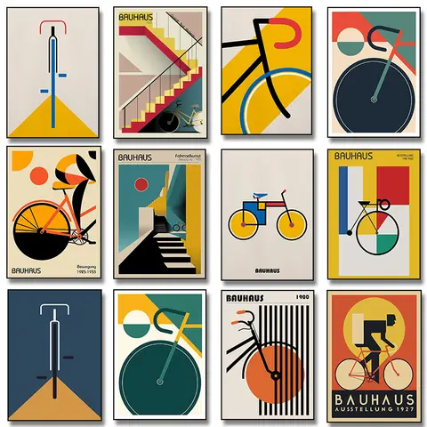 Bauhaus Bike Bicycle Mid Century Modern Cycling Poster Canvas Painting Minimalist Retro Wall Pictures for Living Room Home Decor