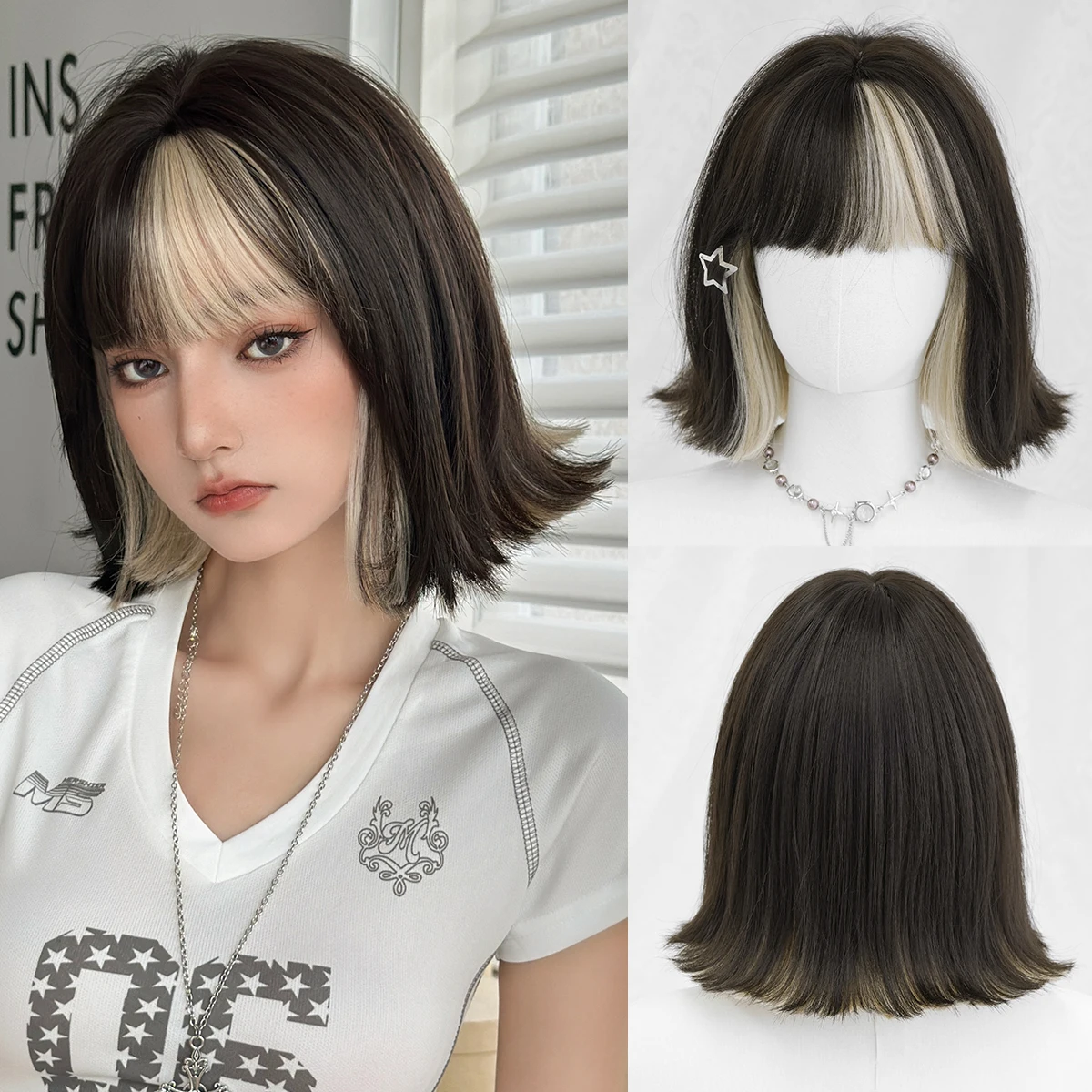 7JHH WIGS Short Straight Black Highlight Blonde Wig for Women Synthetic Modest Fashion Wear and Go Bob Wigs with Neat Bangs
7JHH WIGS Short Straight Black Highlight Blonde Wig for Women Synthetic Modest Fashion Wear and Go Bob Wigs with Neat Bangs
