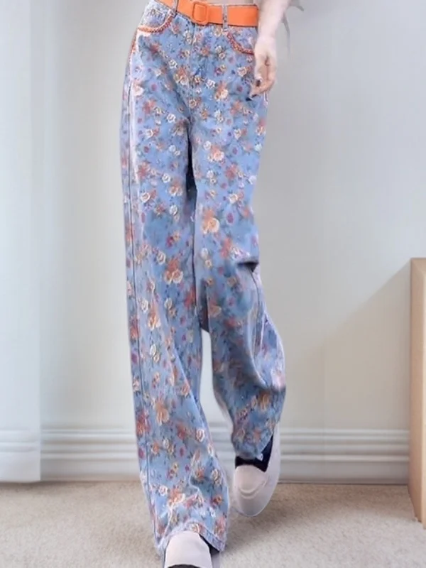 High Waist Straight Leg Denim Jeans Women's Loose Wide Leg Pants Floral Print Casual High Waist Plant Floral Autumn Faion
High Waist Straight Leg Denim Jeans Women's Loose Wide Leg Pants Floral Print Casual High Waist Plant Floral Autumn Faion