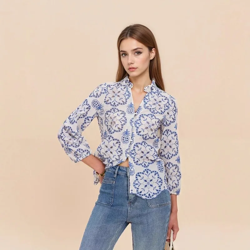 Color Clash Stand Collar Casual Shirt Jacket Flower Embroidery Blouse Coats Single Breasted Hollow Out French Elegant Lady Cloth
Color Clash Stand Collar Casual Shirt Jacket Flower Embroidery Blouse Coats Single Breasted Hollow Out French Elegant Lady Cloth
