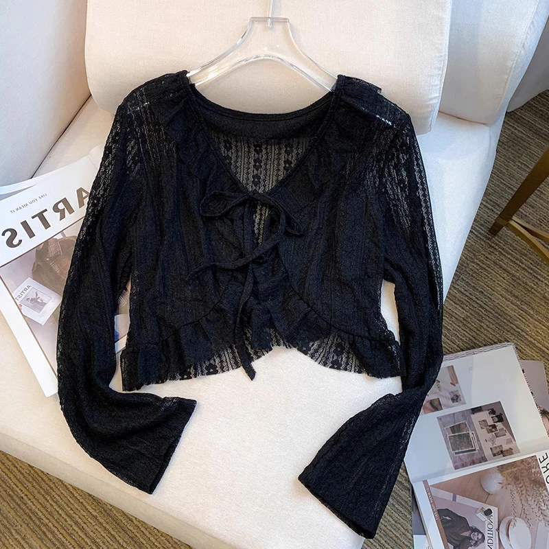 Black Lace Sun Protection Short Cardigan Women's Outerwear with Strap Dress Summer Commute Style Slim Fit Long Sleeve V-Neck
Black Lace Sun Protection Short Cardigan Women's Outerwear with Strap Dress Summer Commute Style Slim Fit Long Sleeve V-Neck