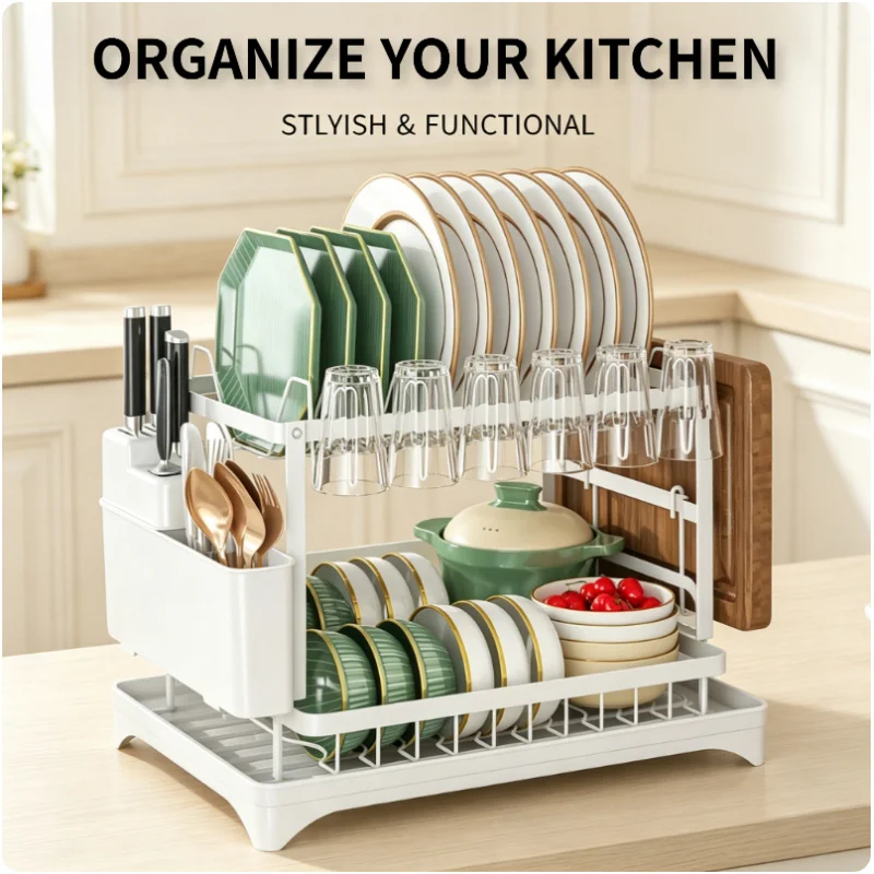 White 2 Tier Rustproof Dish Drying Rack Large Capacity Kitchen Counter Organizer Dish Drainer with Drainboard
White 2 Tier Rustproof Dish Drying Rack Large Capacity Kitchen Counter Organizer Dish Drainer with Drainboard