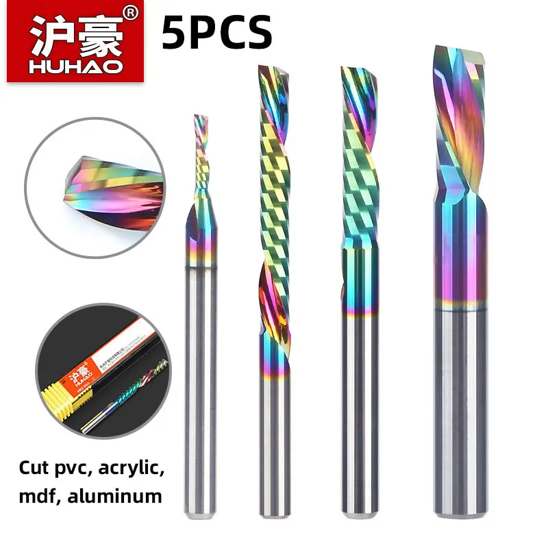 HUHAO 5PCS Single Flute Spiral Milling Cutter for Aluminum PVC MDF DLC Coated Colorful Composite Cutting Engraving Bits CNC Tool
HUHAO 5PCS Single Flute Spiral Milling Cutter for Aluminum PVC MDF DLC Coated Colorful Composite Cutting Engraving Bits CNC Tool