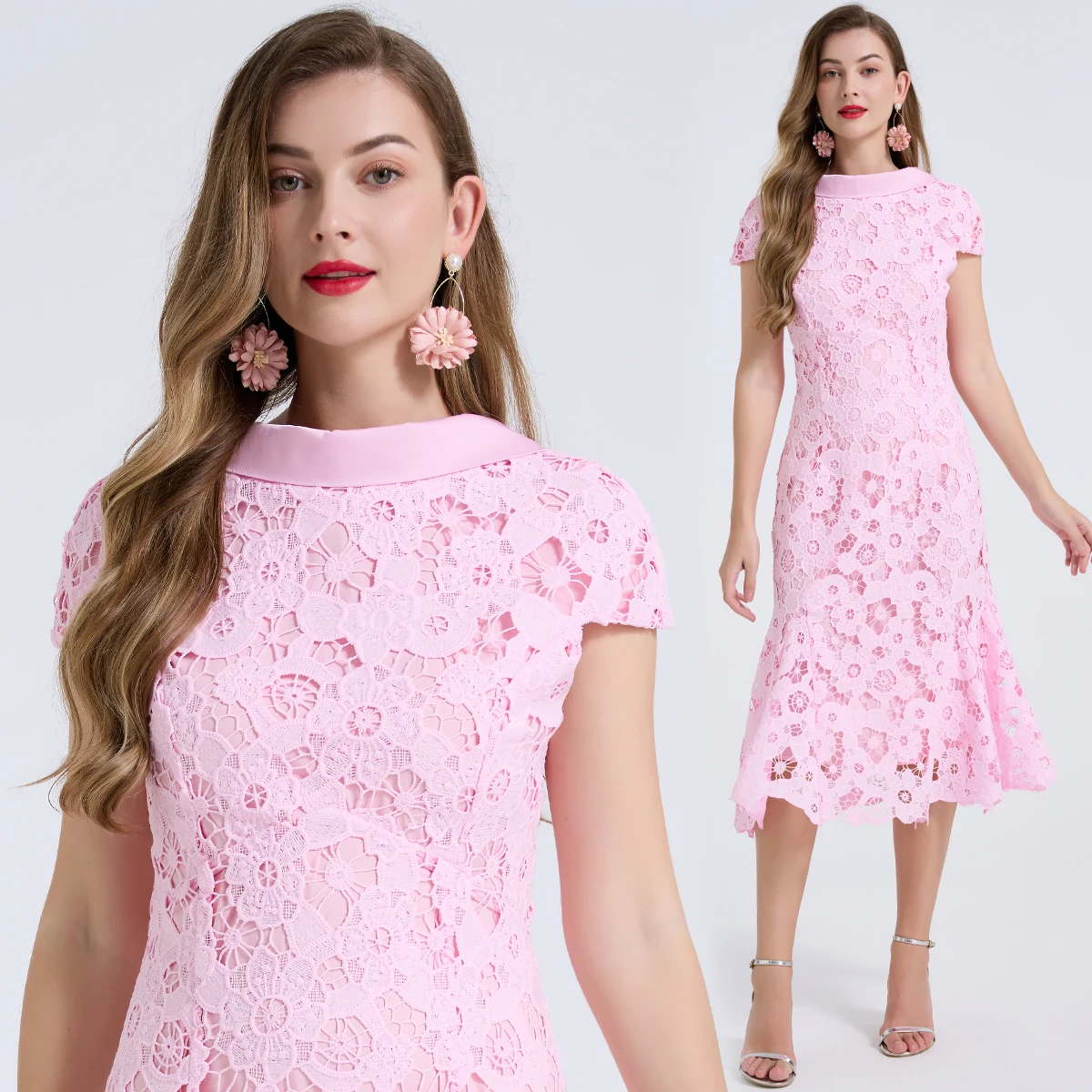Women Elegant Pink Lace Midi Dress Floral Crochet Hollow Out High Neck Short Sleeve Bodycon Fishtail Formal Party Robe Ladies
Women Elegant Pink Lace Midi Dress Floral Crochet Hollow Out High Neck Short Sleeve Bodycon Fishtail Formal Party Robe Ladies