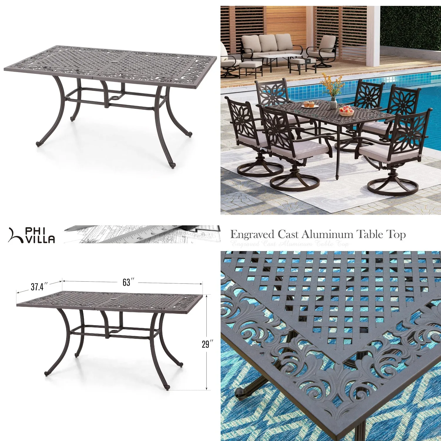 64in Cast Aluminum Dining Table with Umbrella Hole All Weather Patio Deck Backyard Brown Customized
64in Cast Aluminum Dining Table with Umbrella Hole All Weather Patio Deck Backyard Brown Customized