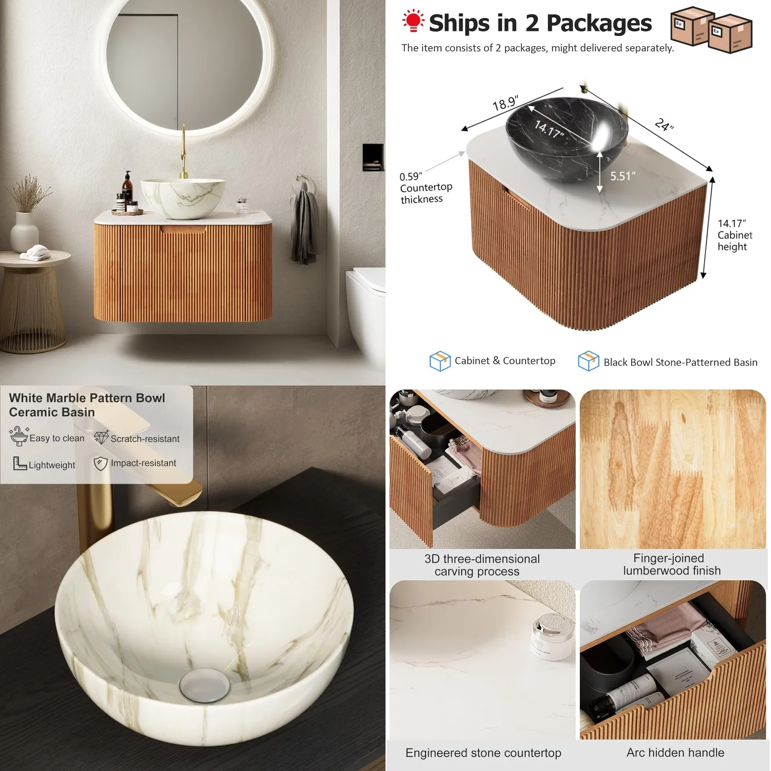 24in Floating Vanity Sink Stone Ceramic Basin Thin Marble Top Storage Drawer Soft Close Wood, Customized
24in Floating Vanity Sink Stone Ceramic Basin Thin Marble Top Storage Drawer Soft Close Wood, Customized