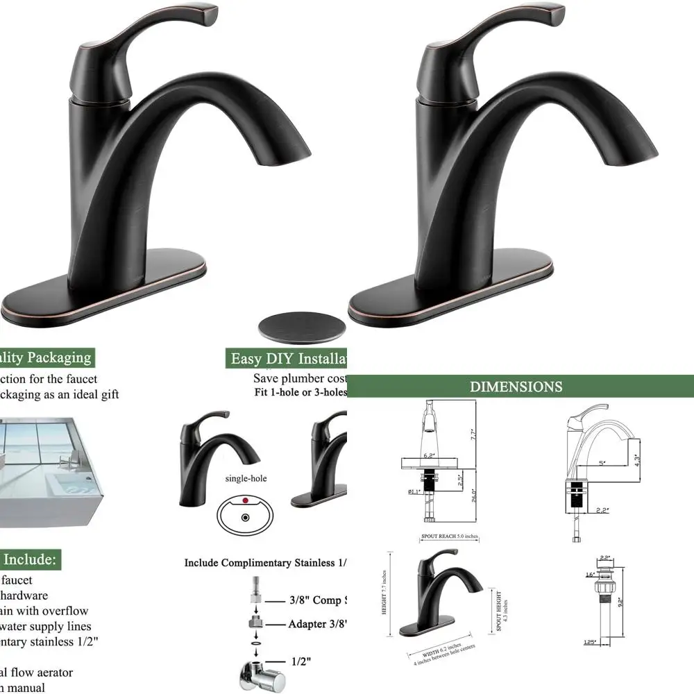 Single Handle Oil Rubbed Bronze Bathroom Sink Faucet with 3-Hole Deck Plate, Pop-Up Drain & Supply Lines Included
Single Handle Oil Rubbed Bronze Bathroom Sink Faucet with 3-Hole Deck Plate, Pop-Up Drain & Supply Lines Included