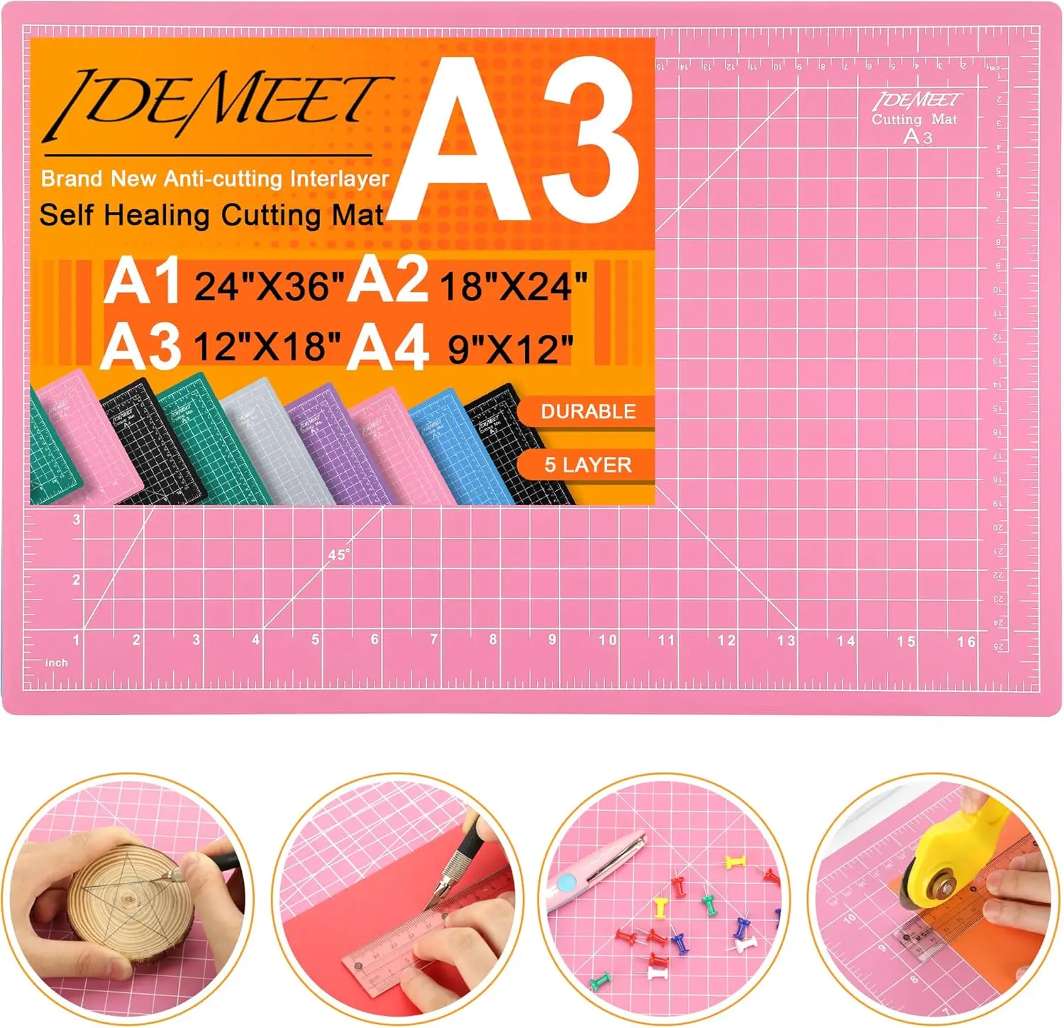 18"x12" Self Healing Cutting Mat, Idemeet Rotary Sewing Mat for Crafts, 5-Ply Blade Table Protector Cut Board , A3, Pink
18"x12" Self Healing Cutting Mat, Idemeet Rotary Sewing Mat for Crafts, 5-Ply Blade Table Protector Cut Board , A3, Pink