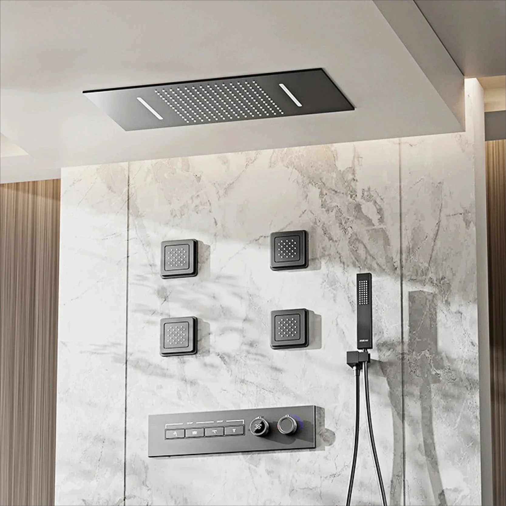 Luxury gun gray brass shower system with ceiling design Hidden LED digital display Dual control of Hot & Cold bathroom Faucet
Luxury gun gray brass shower system with ceiling design Hidden LED digital display Dual control of Hot & Cold bathroom Faucet
