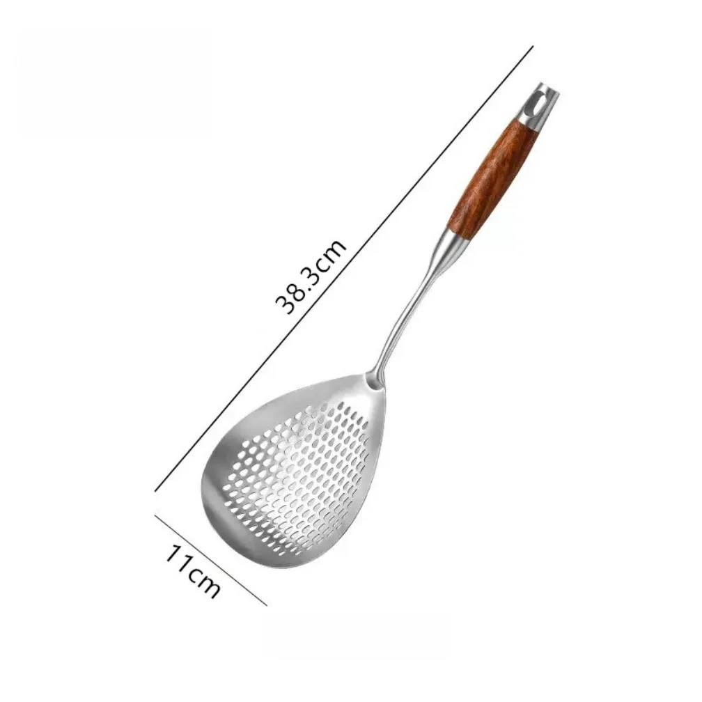 Stainless steel colander kitchen tool 38cm with wooden handle for frying and noodle straining efficient design 
Stainless steel colander kitchen tool 38cm with wooden handle for frying and noodle straining efficient design