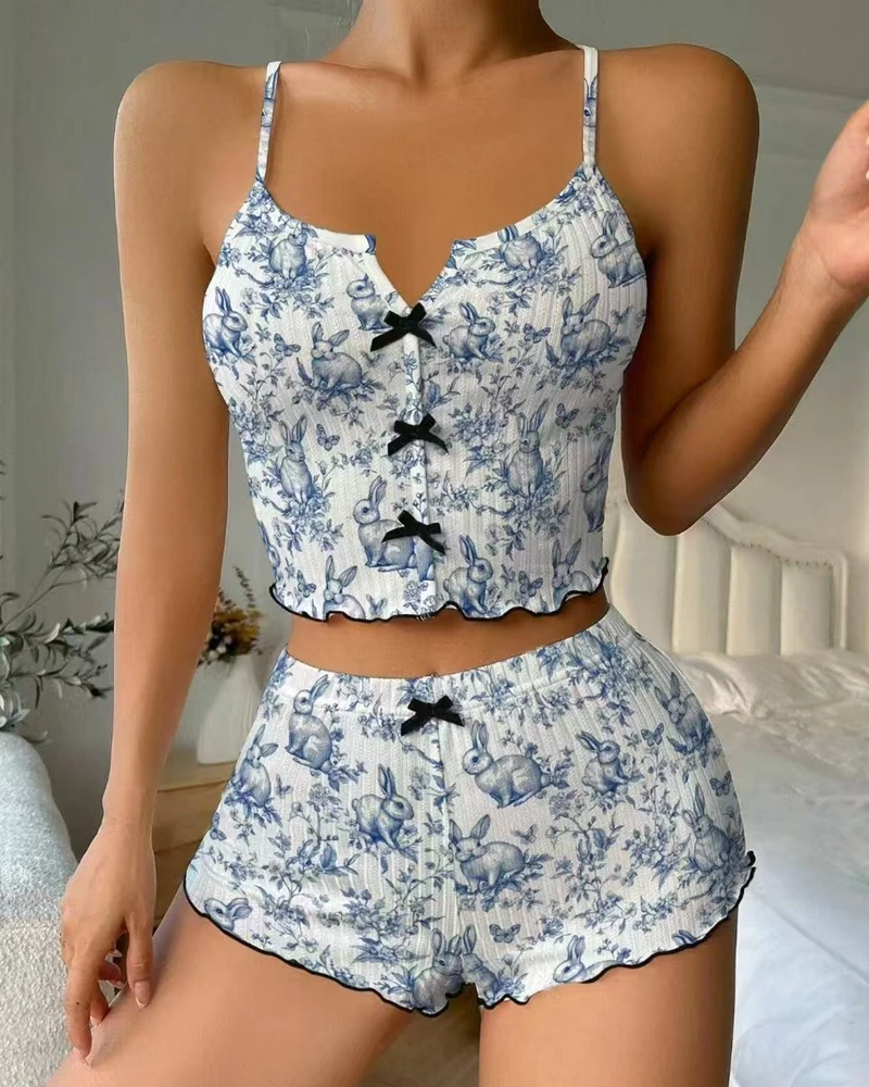 Women Floral rebbit Print Spaghetti Strap Bowknot Decor Top and Shorts Sleepwear Two Pieces Pajamas Set Women Homewear
Women Floral rebbit Print Spaghetti Strap Bowknot Decor Top and Shorts Sleepwear Two Pieces Pajamas Set Women Homewear
