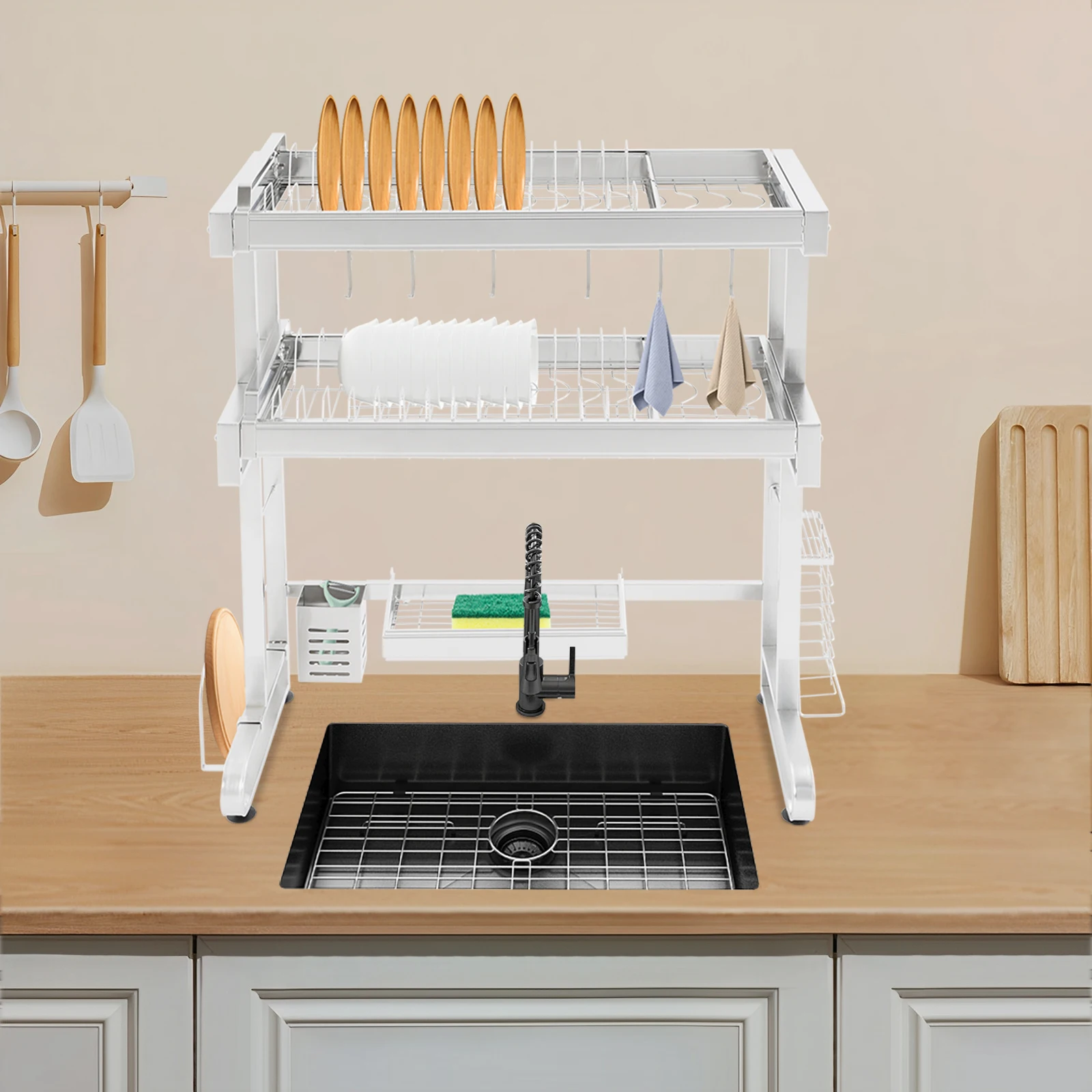 2-Tier Stainless Steel Dish Rack Adjustable 64-103cm Length 30kg Capacity for Over-Sink Storage
2-Tier Stainless Steel Dish Rack Adjustable 64-103cm Length 30kg Capacity for Over-Sink Storage