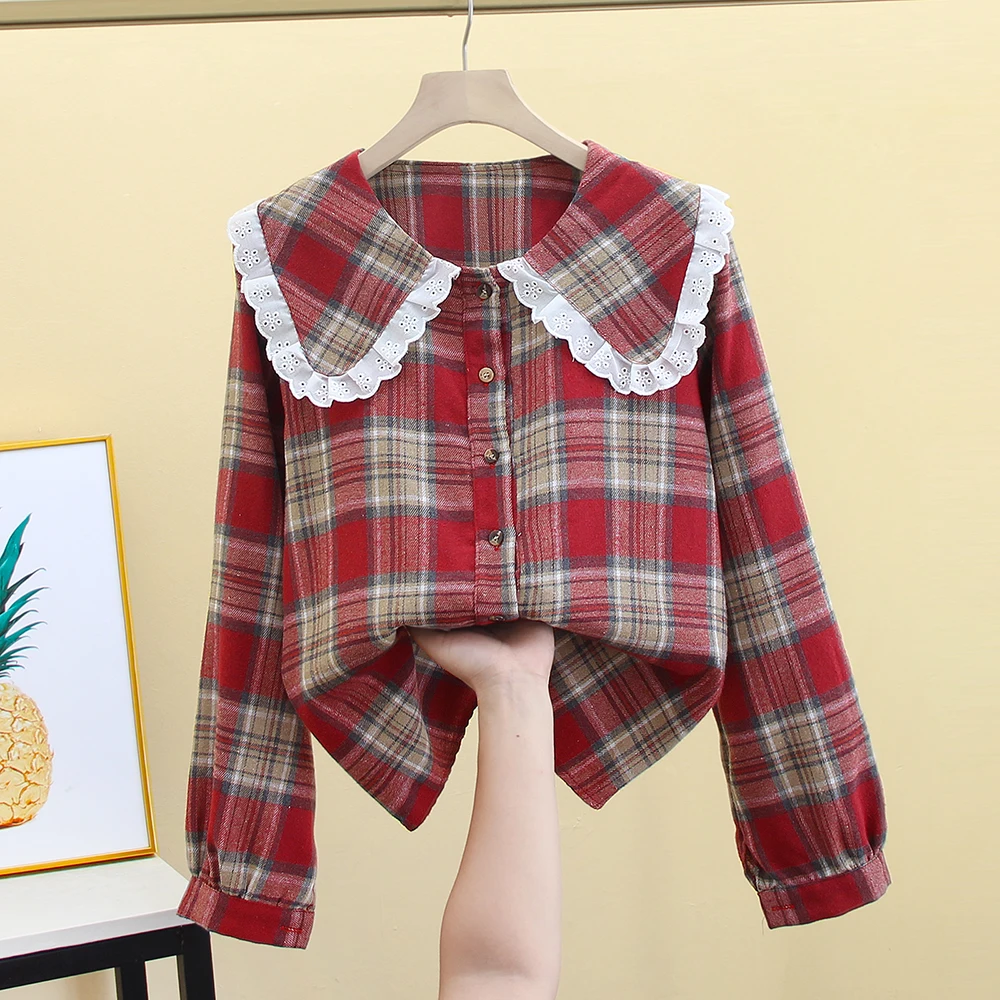Lace Spliced Checkered Shirt Women's Long Sleeved Spring Autumn New Loose Sweet Doll Top Classic Single Breasted Blouse
Lace Spliced Checkered Shirt Women's Long Sleeved Spring Autumn New Loose Sweet Doll Top Classic Single Breasted Blouse