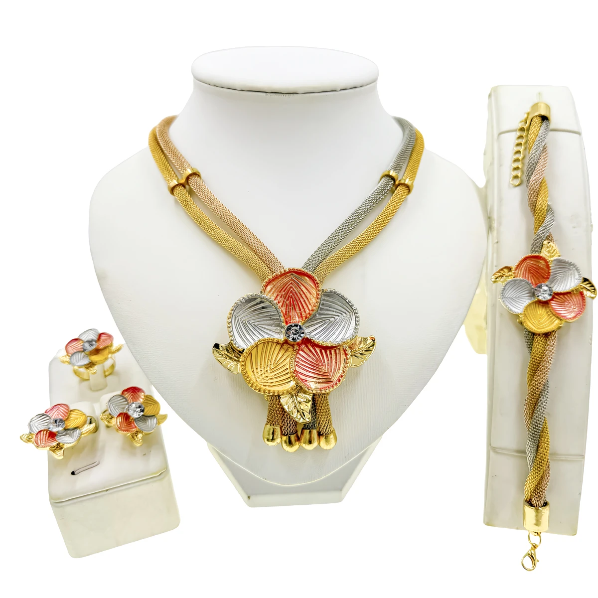 Wedding Jewelry Sets Rose Gold Silver Flower Crystal Necklace Leaf Bracelet Earrings Ring Costume Accessories Gift for Women
Wedding Jewelry Sets Rose Gold Silver Flower Crystal Necklace Leaf Bracelet Earrings Ring Costume Accessories Gift for Women