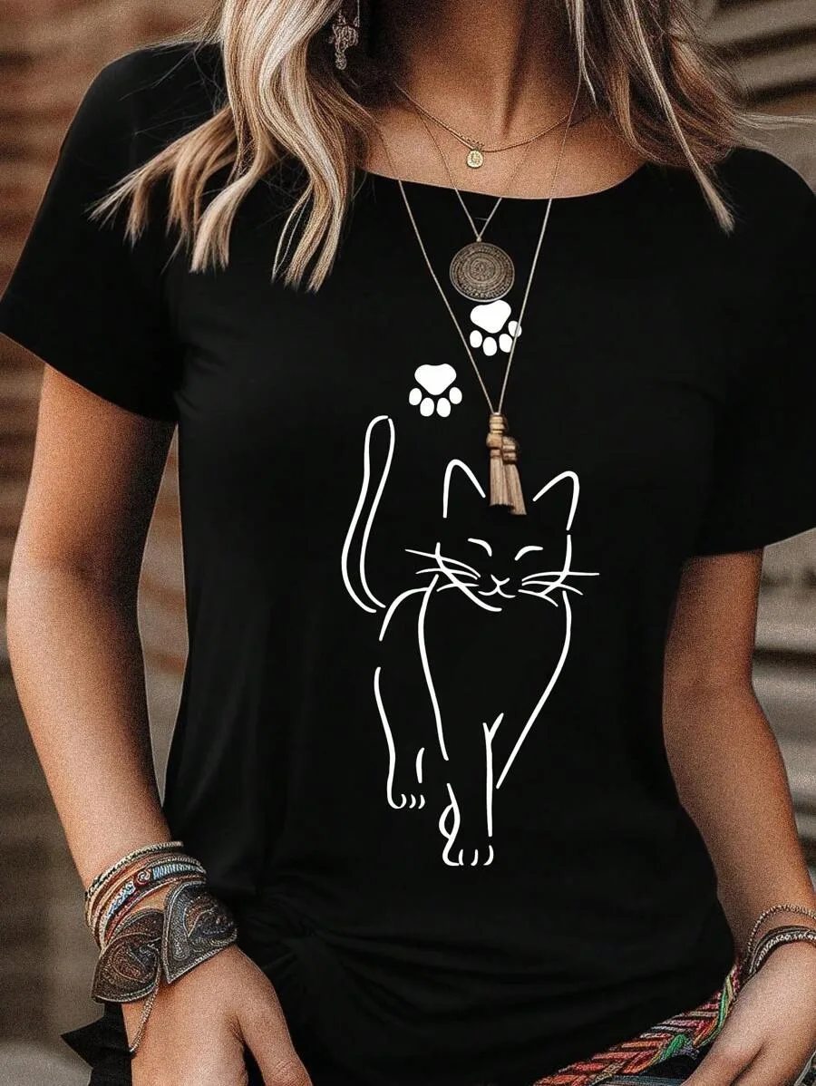 Plus - Size Black T - shirt: Minimalist & Adorable Design, Cat & Paw Pattern
Plus - Size Black T - shirt: Minimalist & Adorable Design, Cat & Paw Pattern